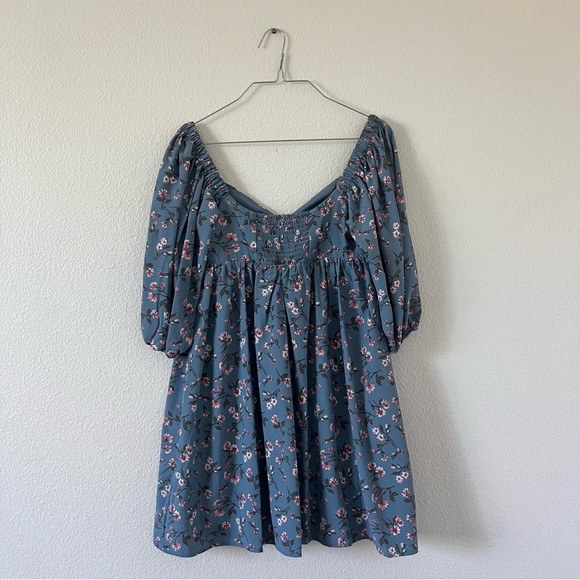 WAYF Babydoll Dress | X-Small NWT | Dusty Blue with Pink Flowers - Picture 2 of 8
